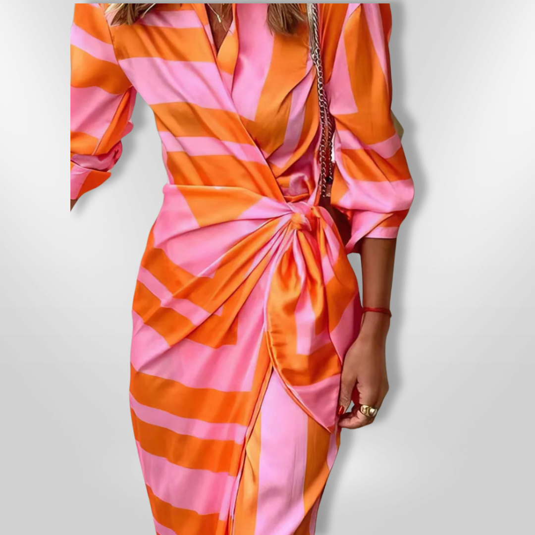 Women's sophisticated striped wrap maxi dress, versatile long sleeve v-neck for any elegant occasion.