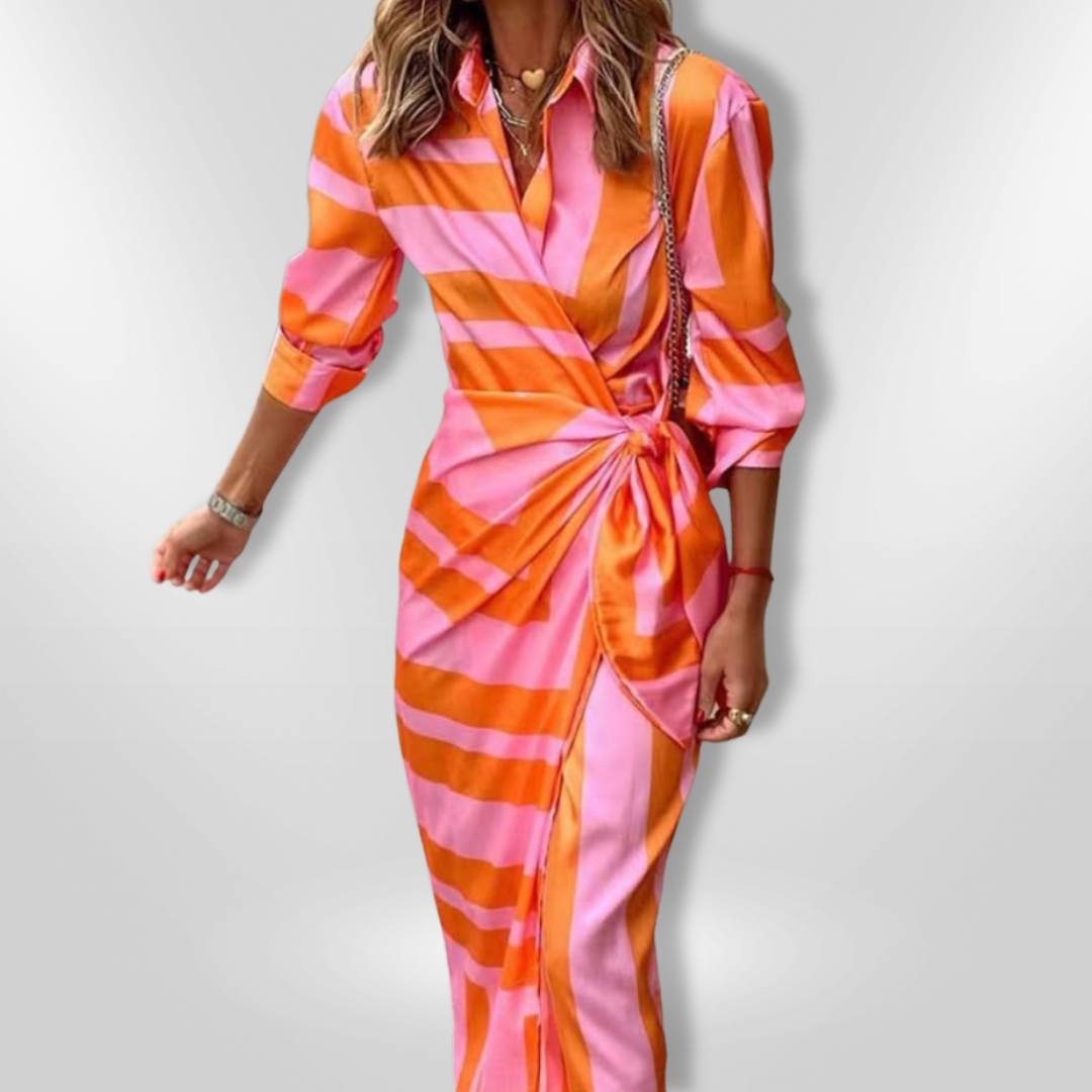 Elegant women's striped wrap maxi cocktail dress, perfect for sophisticated summer & spring evening parties.