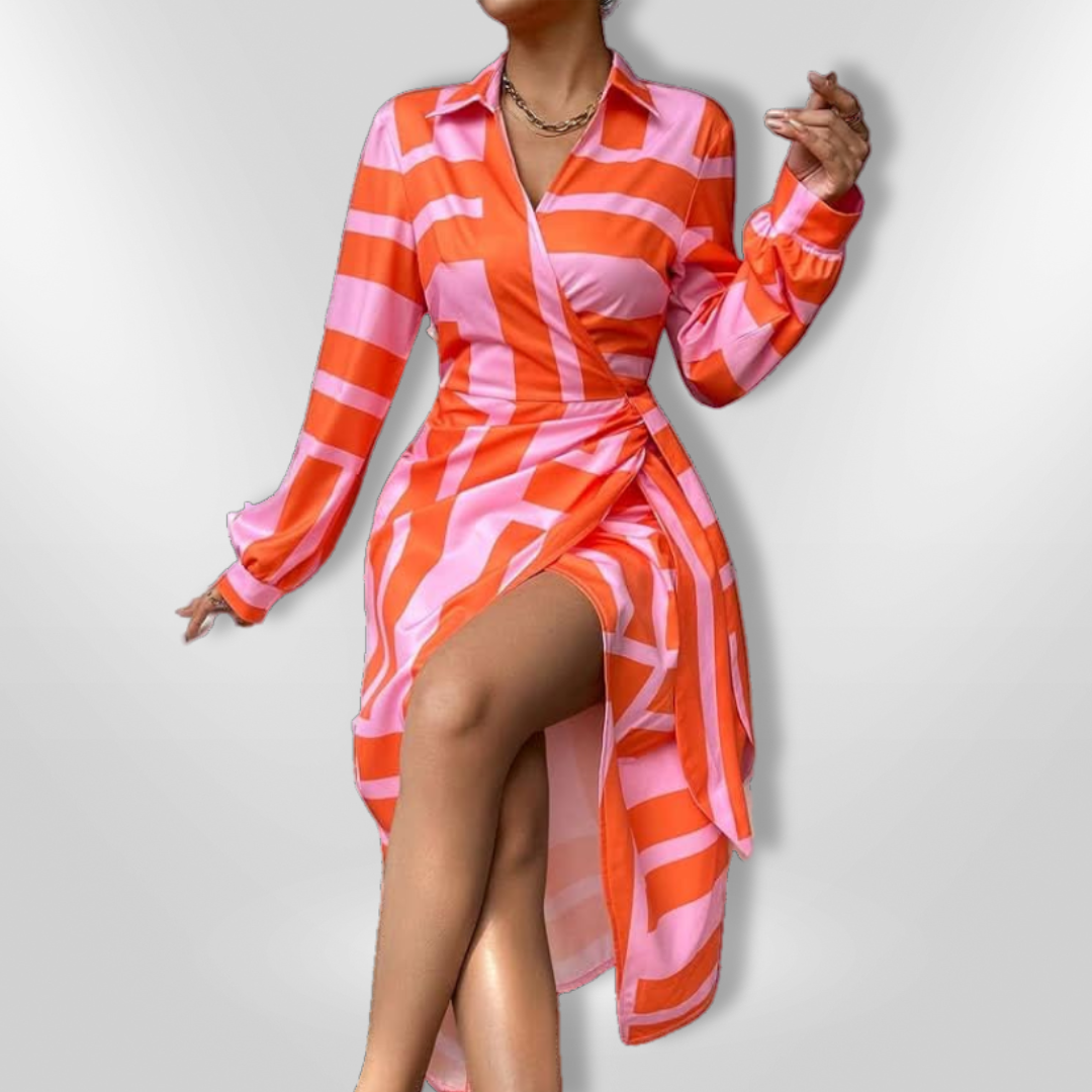 Women's sophisticated striped wrap maxi cocktail dress, a must-have for elegant party fashion.
