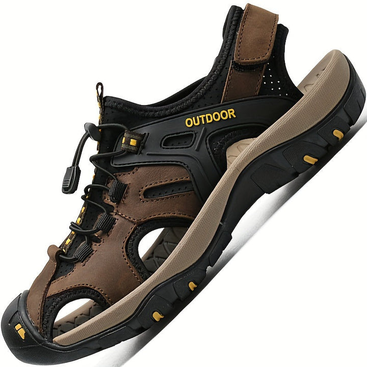 Black men's closed-toe orthopedic hiking sandals, providing robust protection and comfort for any outdoor trail.