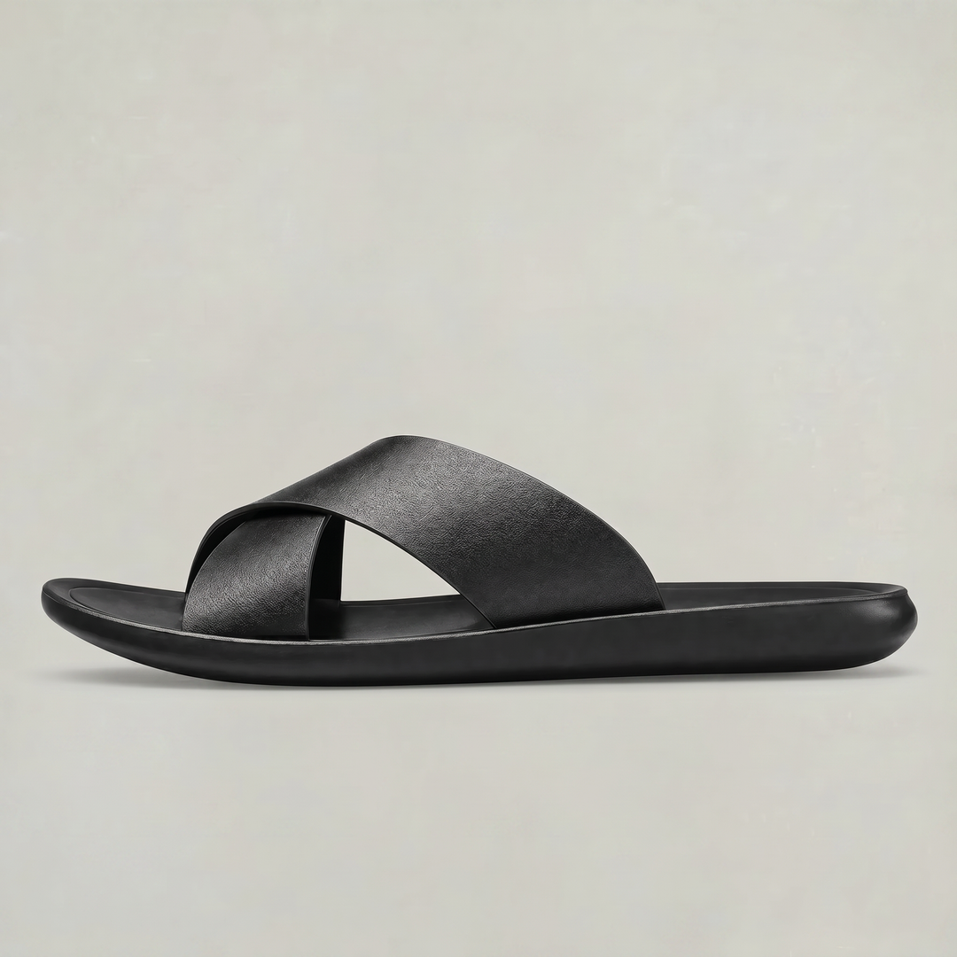 Men's relaxed fit cross strap comfort slides, perfect for casual summer wear.