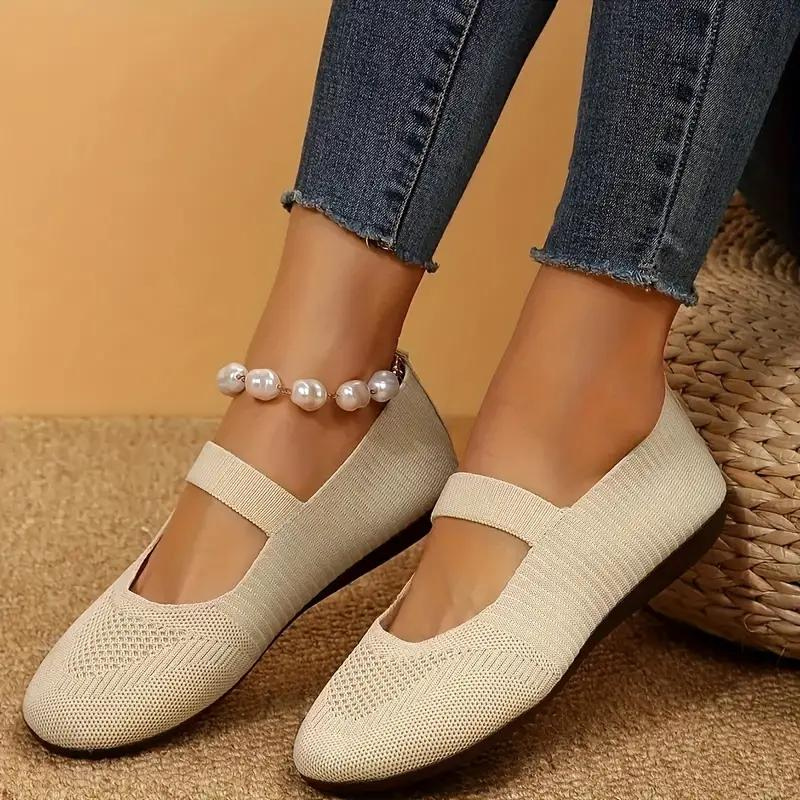 Round toe Mary Jane comfort flats for women. Easy slip-on everyday summer shoes.