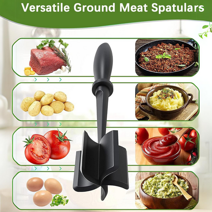 Black heat-resistant nylon meat chopper, perfect for breaking up ground meat in non-stick pans.
