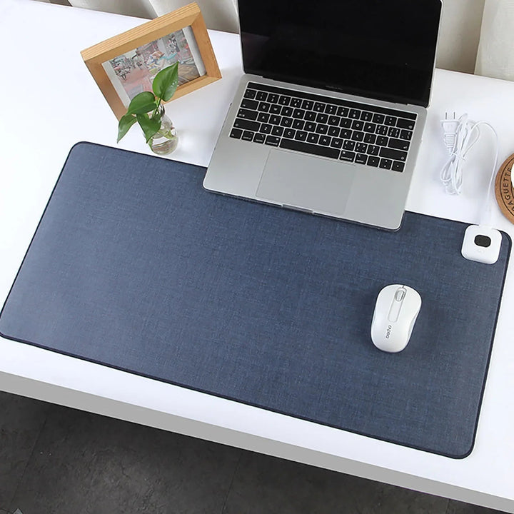 Sleek leather heated desk pad, ideal desk warmer & ergonomic gaming mat for a modern home office.