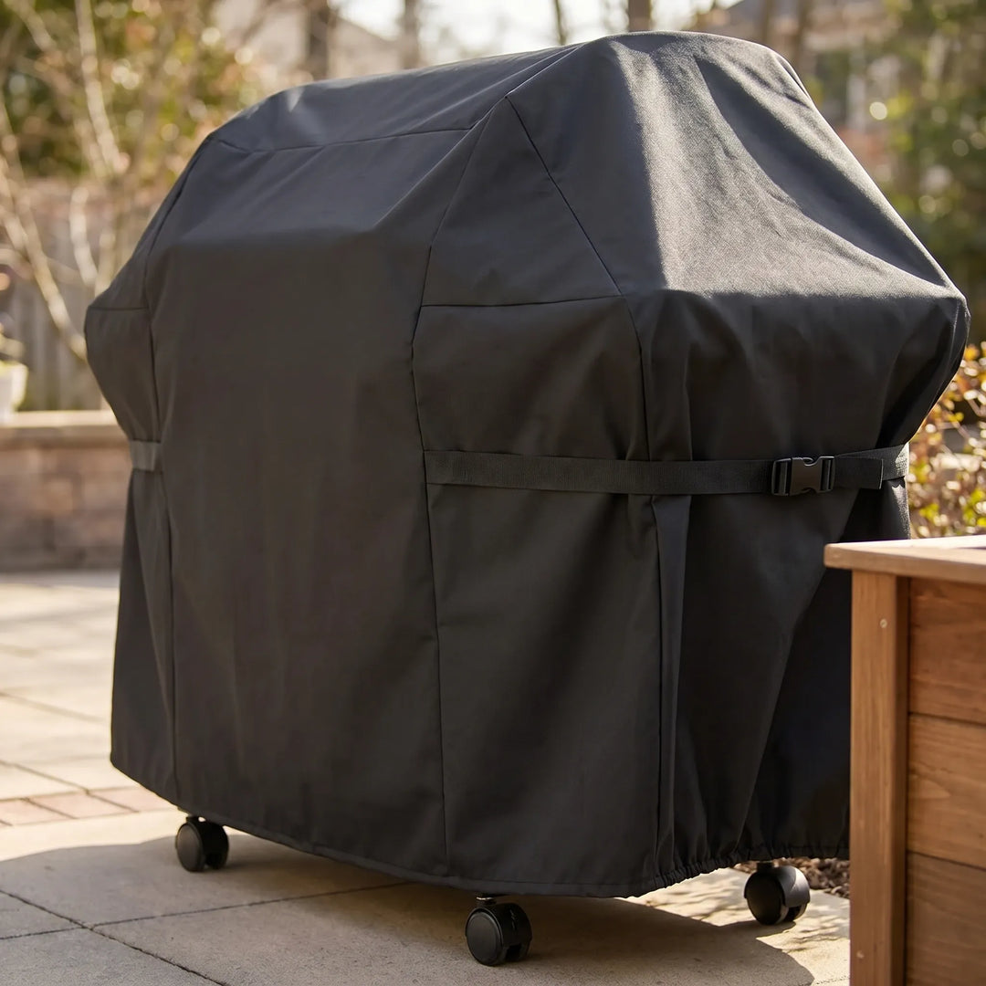 Durable black patio grill cover for outdoor gas BBQs, heavy-duty and weather-resistant protection.