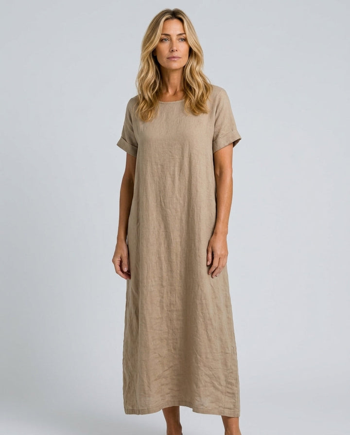 Women's timeless relaxed fit midi casual dress with short sleeves, round neck. Perfect for summer comfort.