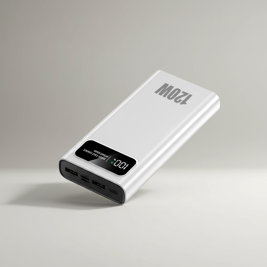 Compact 120W fast charging power bank, ideal travel tech accessory for all your mobile devices.