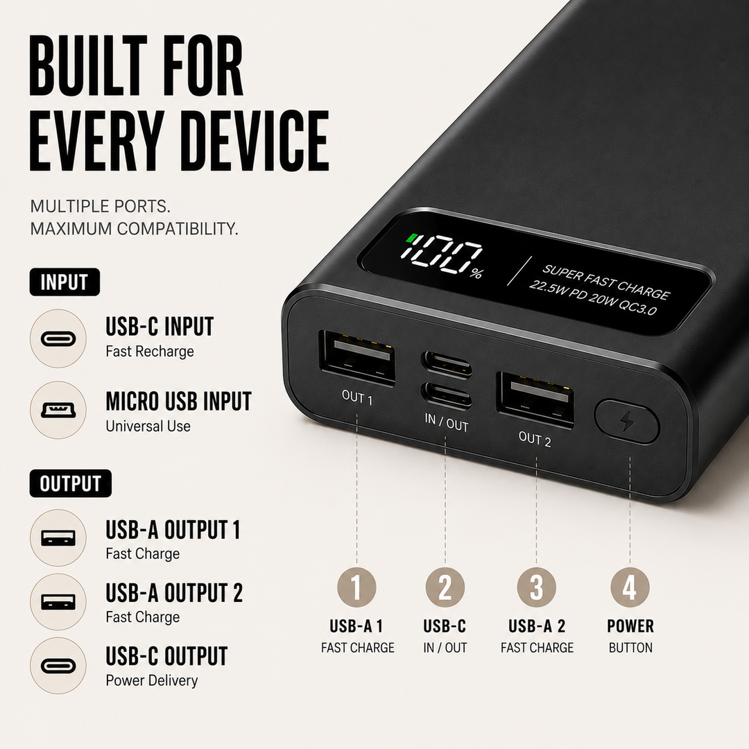 Reliable 120W fast portable power bank, universal device charger for on-the-go tech needs.