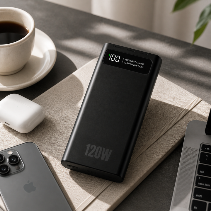 Sleek 120W fast portable charger, universal power bank with USB-C and Micro USB outputs.