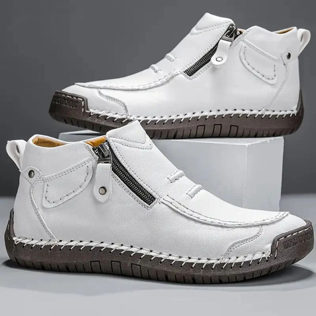 Men's supportive ankle boots, orthopedic design, with elegant stitched details and a functional side zip.
