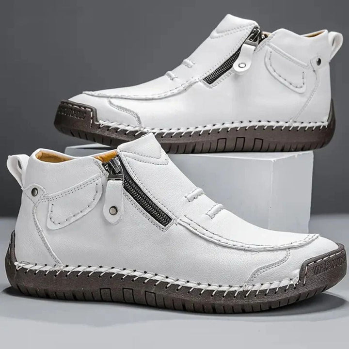 Men's supportive ankle boots, orthopedic design, with elegant stitched details and a functional side zip.