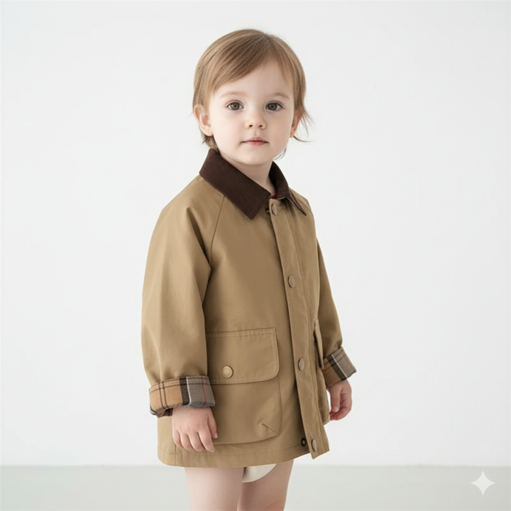 Stylish youth boys' jacket featuring unique plaid cuffs, ideal for smart casual spring outfits.