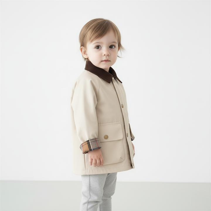 Toddler boys' fall & spring outerwear with a classic button-front design and stylish plaid cuffs.
