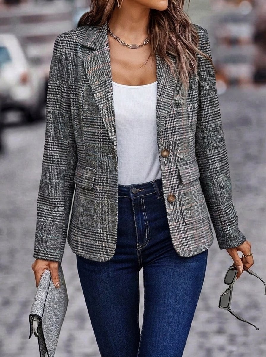 Women's oversized single-breasted houndstooth blazer, perfect for a chic professional fall fashion look.
