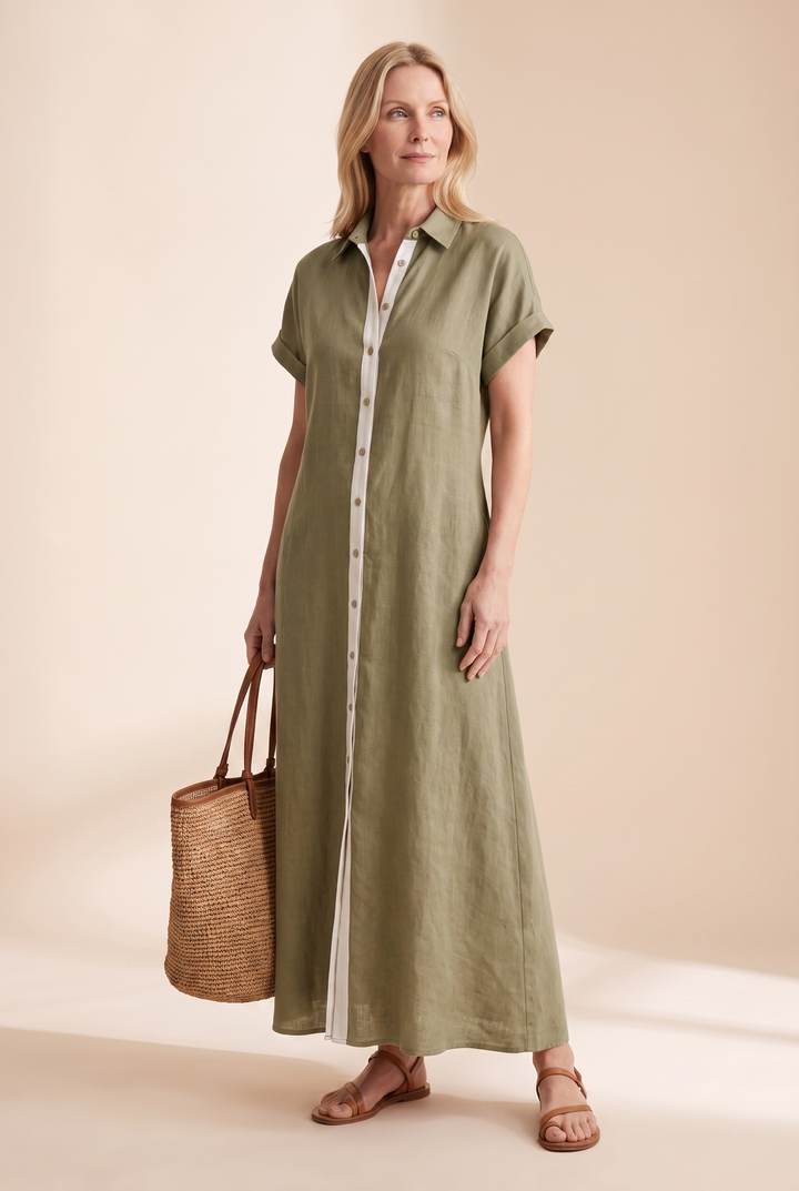 Casual women's maxi dress with a full button front and short sleeves, great for warm weather outings.