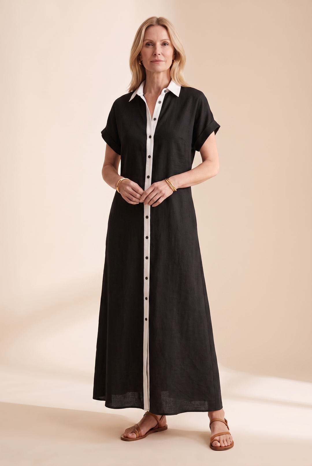 Flowy collared short-sleeve maxi dress for women, ideal for vacation and casual wear.