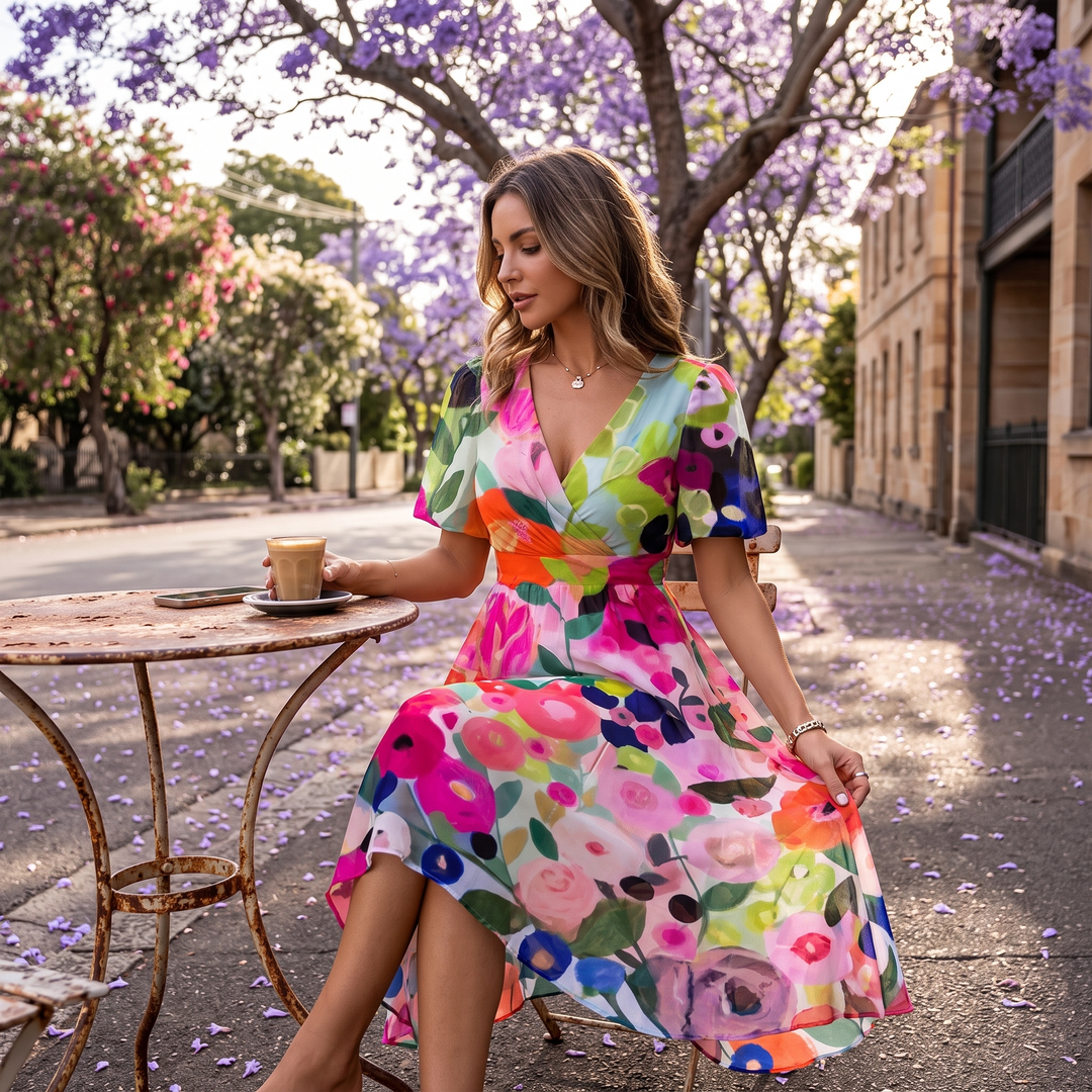Women's floral midi dress, V-neck flutter sleeves. Back view showcasing flowy silhouette, perfect for special events.