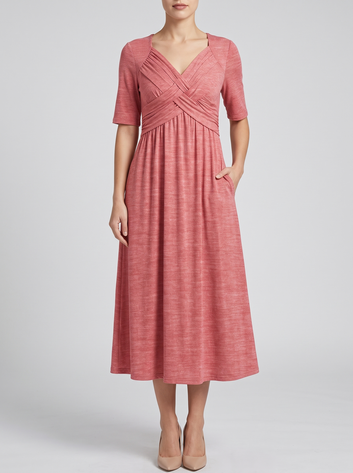 Detail of adjustable wrap waist tie on a women's V-neck maxi dress, ensuring a perfect, flattering fit.
