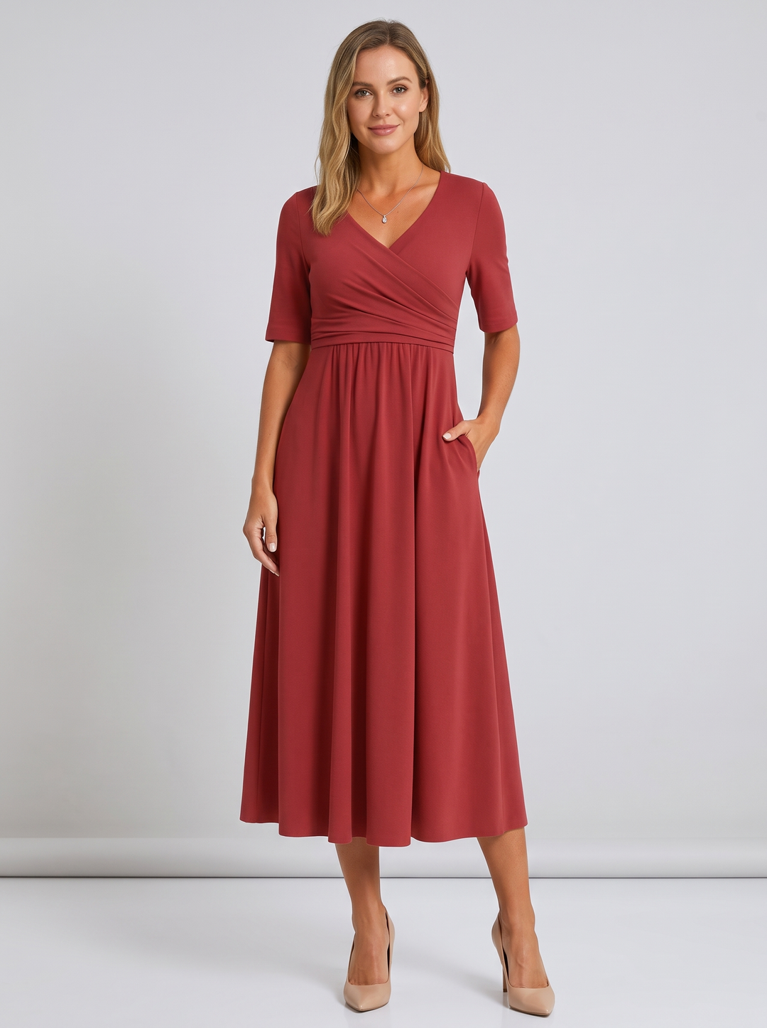 Flowy A-line V-neck wrap maxi dress, side view, showcasing elegant drape and versatile everyday style.