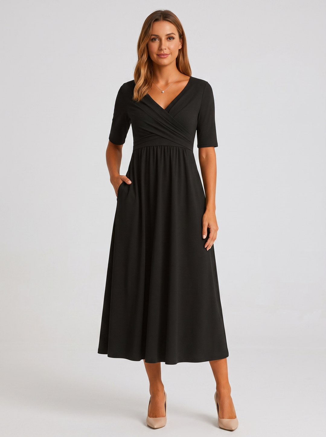 Women's casual V-neck wrap maxi dress styled with flats, ideal for everyday comfort and effortless style.