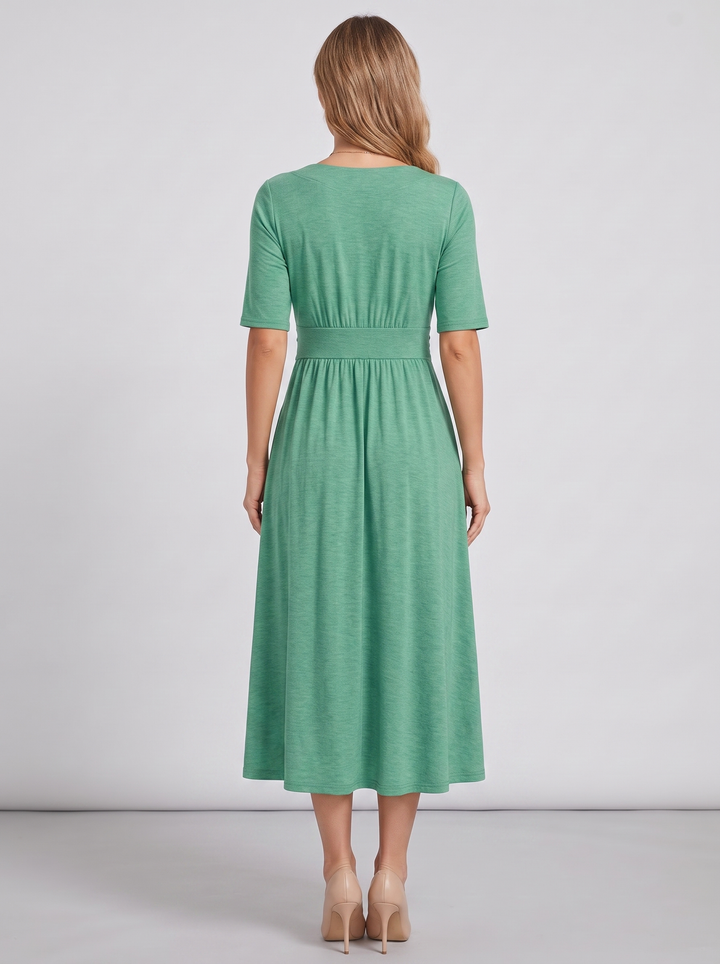 Chic V-neck wrap maxi dress for women, front view, A-line cut, perfect for casual or party summer wear.