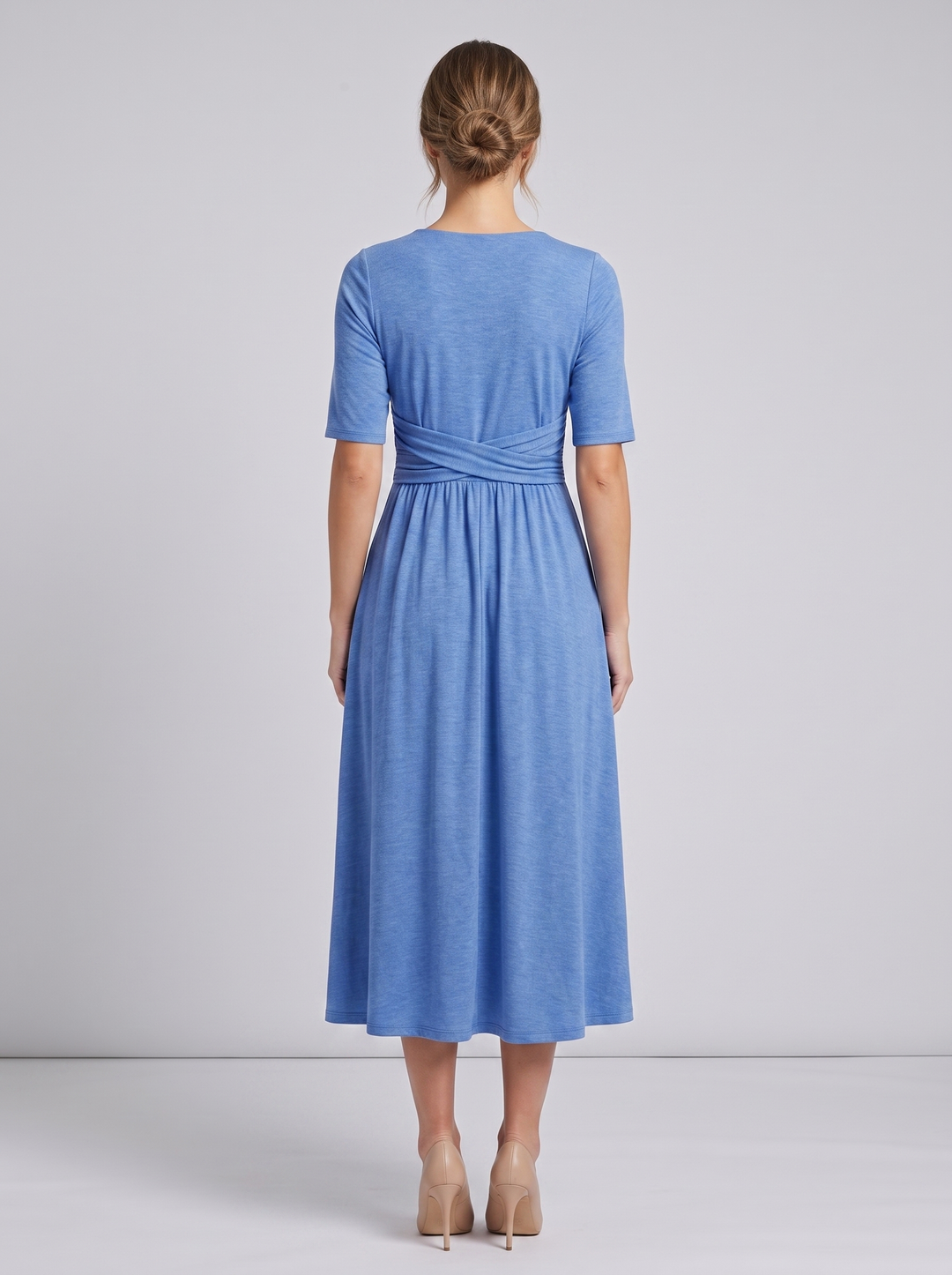 Detail of comfortable short sleeve on a women's V-neck wrap maxi dress, perfect for warm weather and parties.