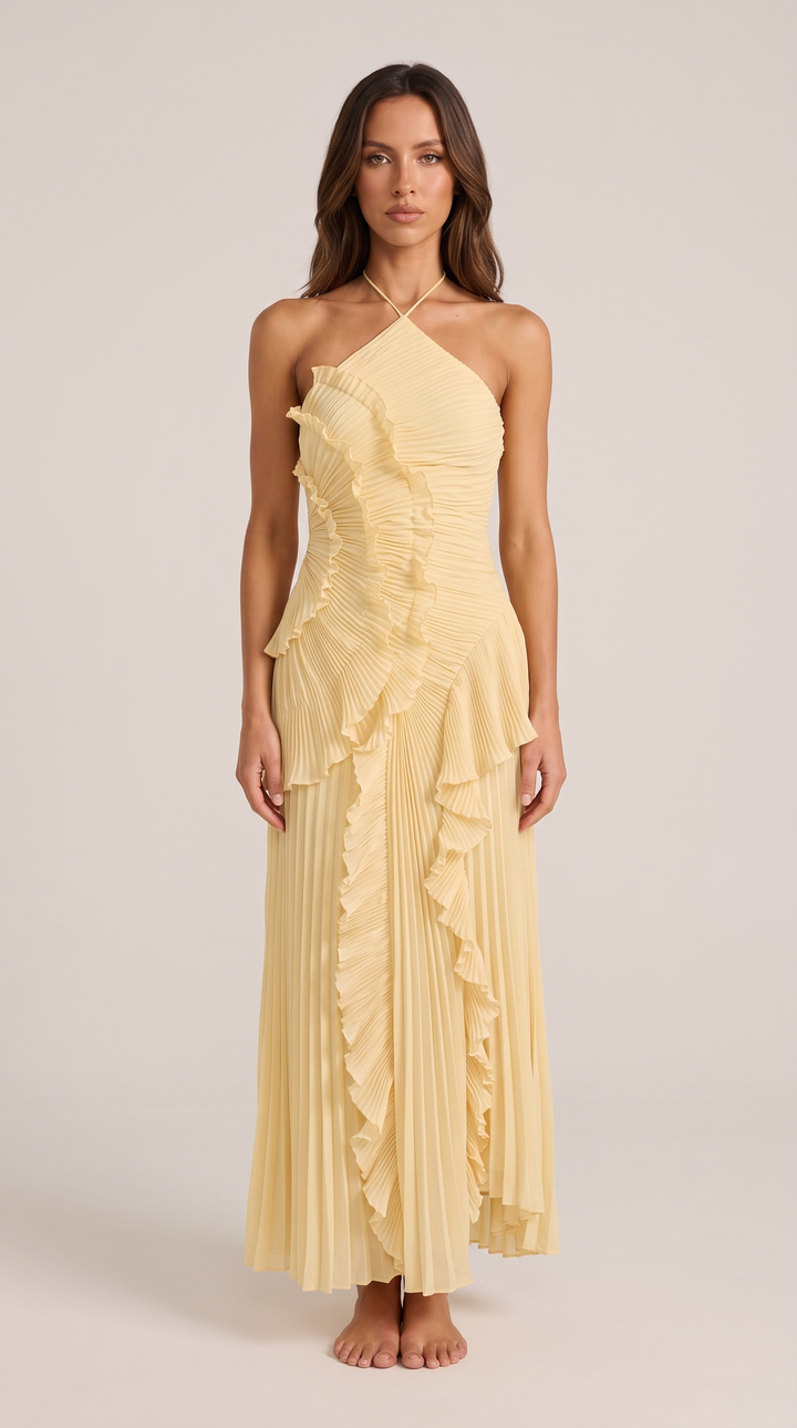 Women's halterneck ruffle maxi dress with an elegant asymmetric hem, perfect for summer parties.