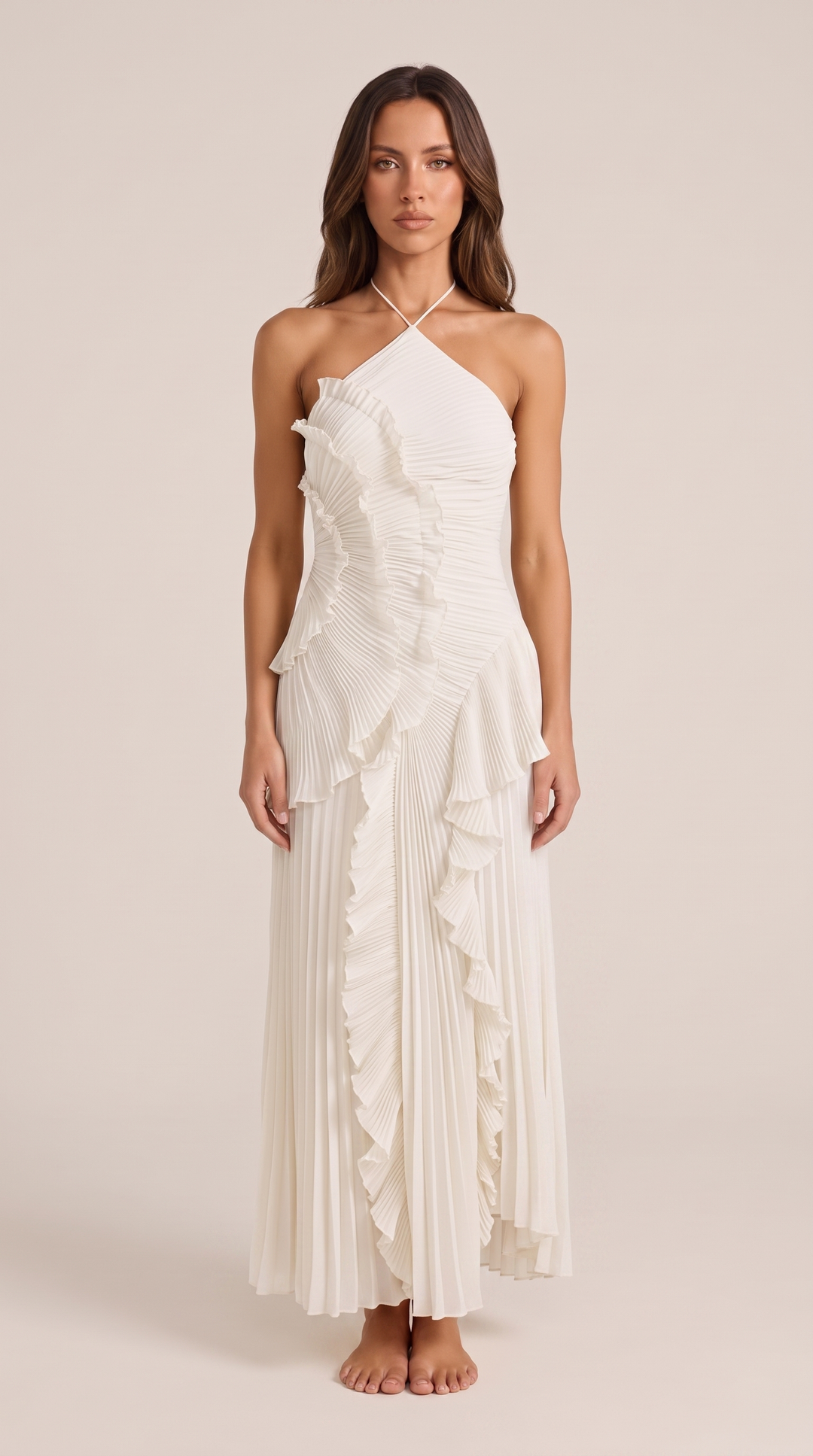 Stylish back of a women's halterneck maxi dress featuring a chic asymmetric hem, elegant party wear.