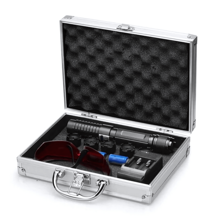 High power blue laser pointer with extended range visibility, ideal for presentations, astronomy, and outdoor signaling.