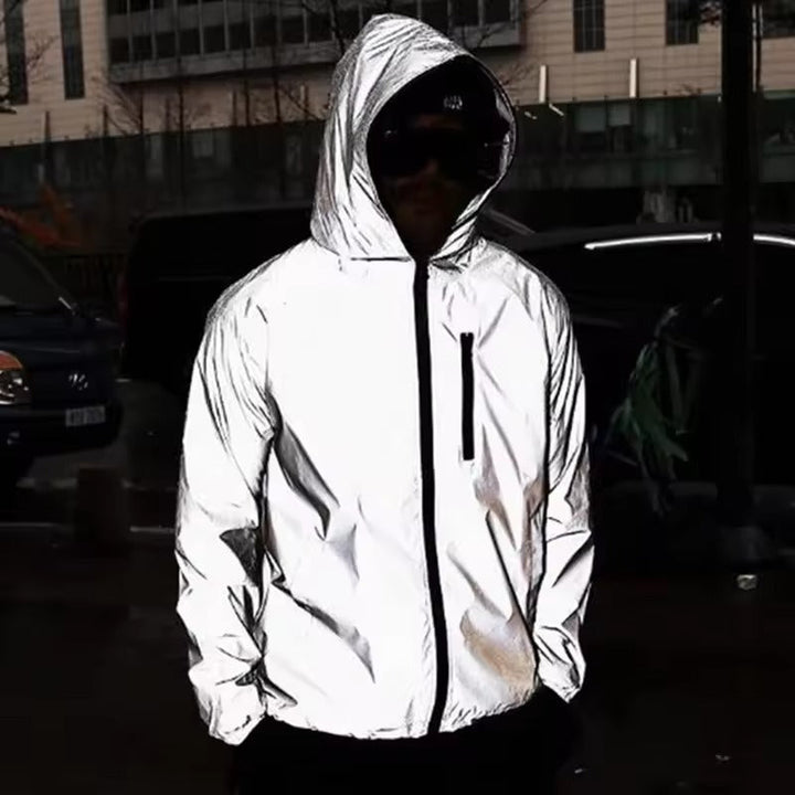 Lightweight, waterproof & windproof LumiSafe unisex rain jacket with high-visibility reflective elements.