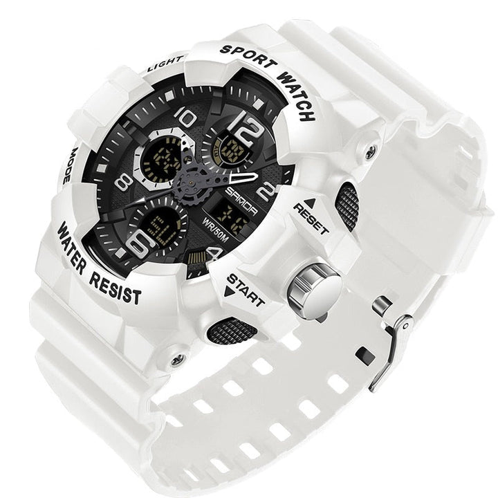 Rugged waterproof digital military watch with resin strap, ideal for outdoor gear, sports, and adventure.