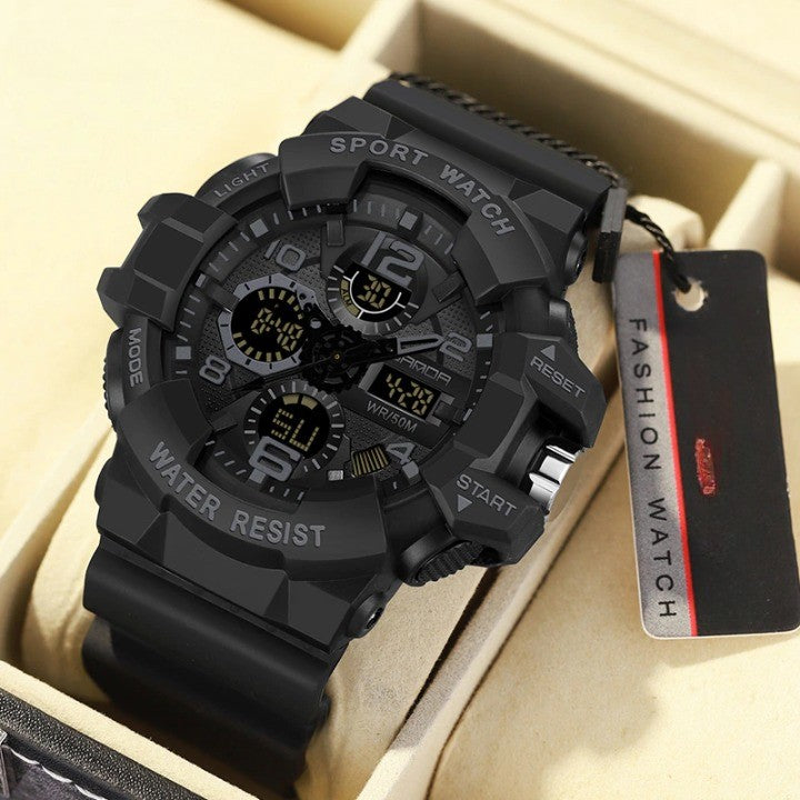 Durable resin strap on a high resistance waterproof digital military watch, built for extreme conditions.
