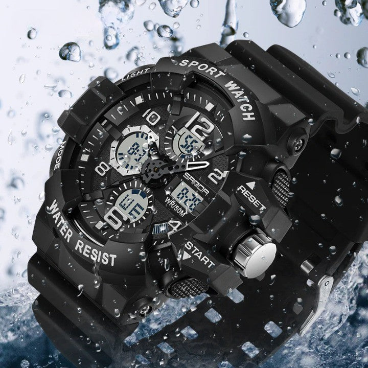 Person wearing a rugged unisex waterproof digital military watch during an outdoor adventure activity.