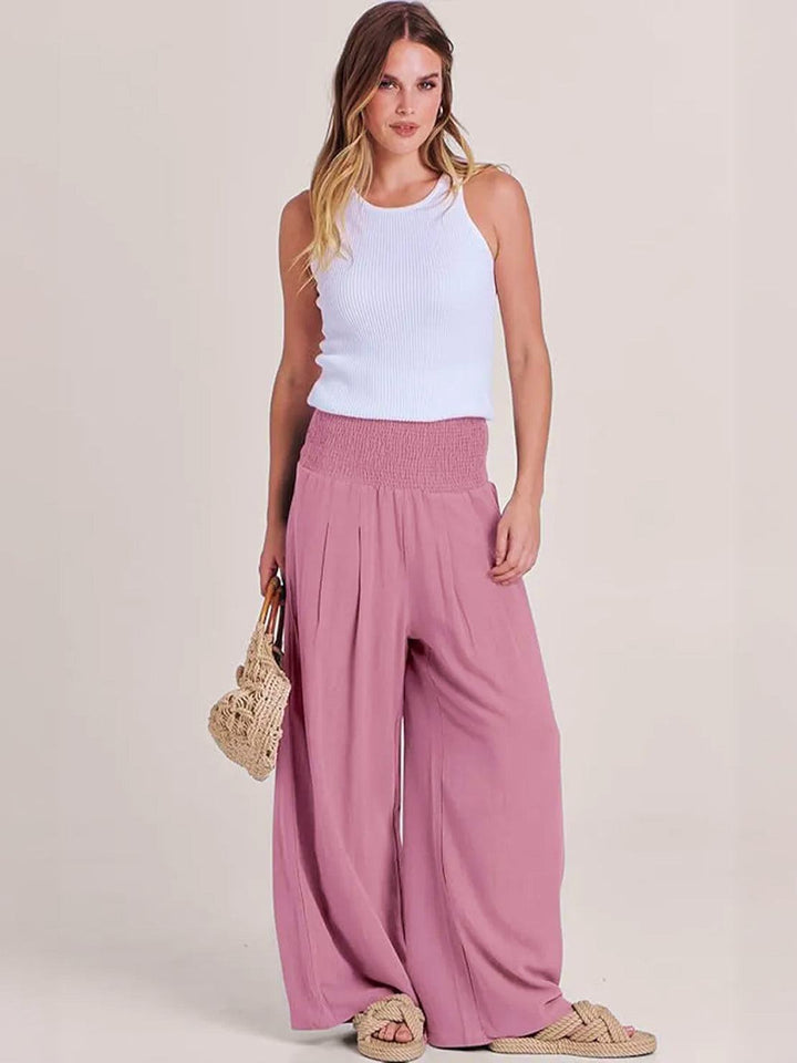 Casual summer high waist smocked wide leg pants, perfect for women.
