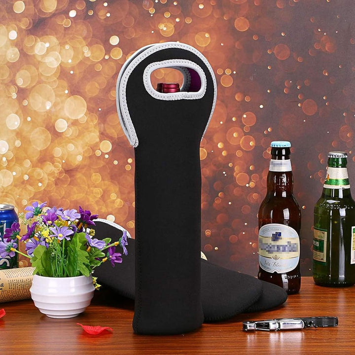 Portable two-bottle neoprene wine cooler bag, keeps drinks chilled for outdoor events.