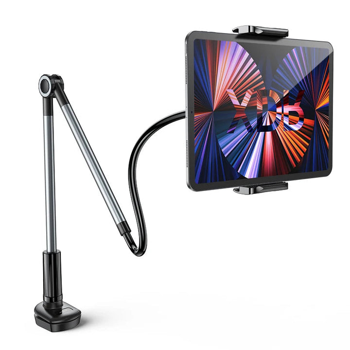 Black universal phone stand & tablet mount, adjustable grip for hands-free desktop use.