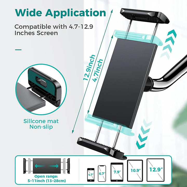 Sleek universal phone & tablet mount, compact adjustable stand for mobile accessory on desk.