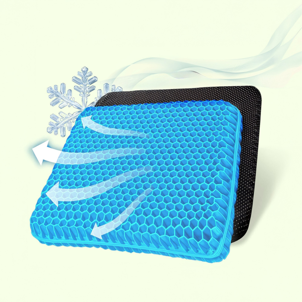 Honeycomb gel seat cushion for all-day comfort, pressure relief, and back support in office chairs.