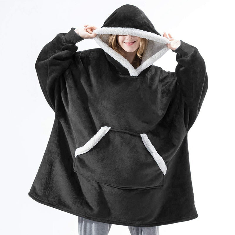 Unisex loungewear: an oversized wearable blanket hoodie with a pocket.