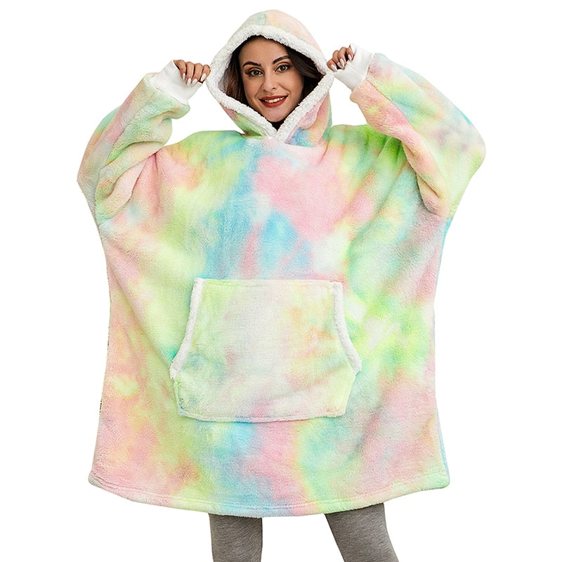 Snuggle-ready oversized wearable blanket hoodie for all genders.
