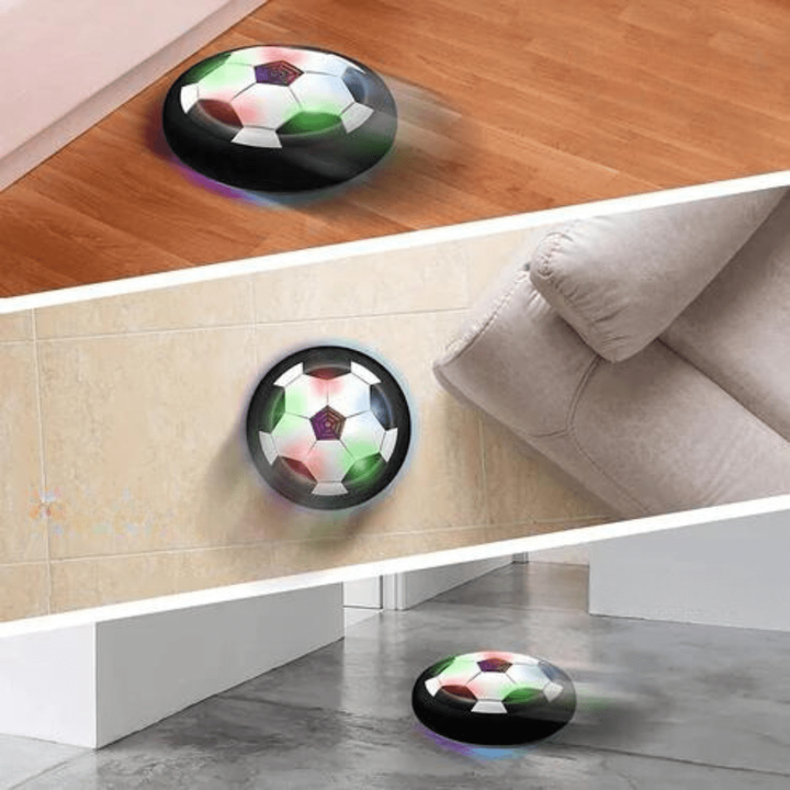 Active dog playing with LED hover soccer ball toy, safe for indoor fun thanks to its foam bumper.