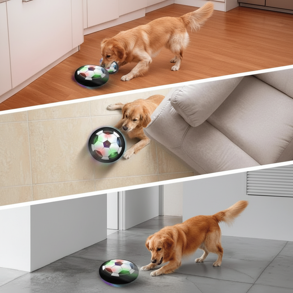 Bright LED hover soccer ball for dogs, featuring a soft foam bumper for safe, interactive indoor play.