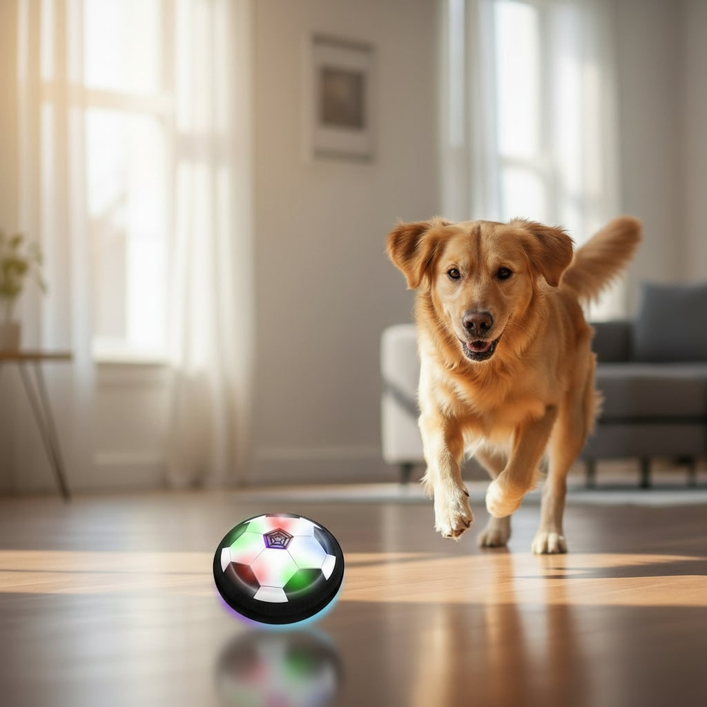 Durable interactive dog toy: a hover soccer ball with colorful LED lights & a foam bumper, perfect for indoor games.