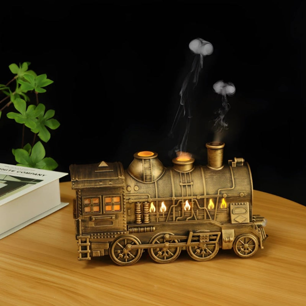 Unique train decor humidifier & essential oil diffuser with LED light; ideal for ambiance & aromatherapy.