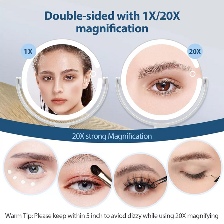 Portable illuminated makeup mirror, 20X zoom, rechargeable, ideal for travel, perfect for detailed beauty.