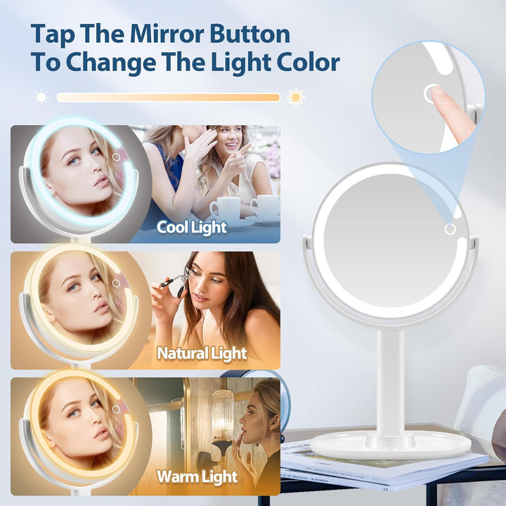 LED vanity mirror with 20X magnification, adjustable brightness, perfect for detailed makeup application.