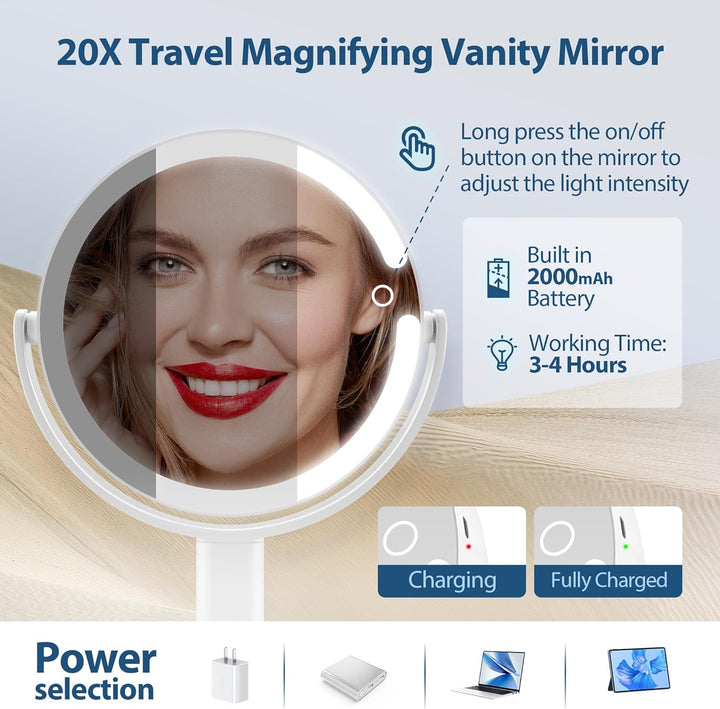 Women's vanity mirror, illuminated with 20X zoom, perfect for flawless makeup, skincare, and precision.
