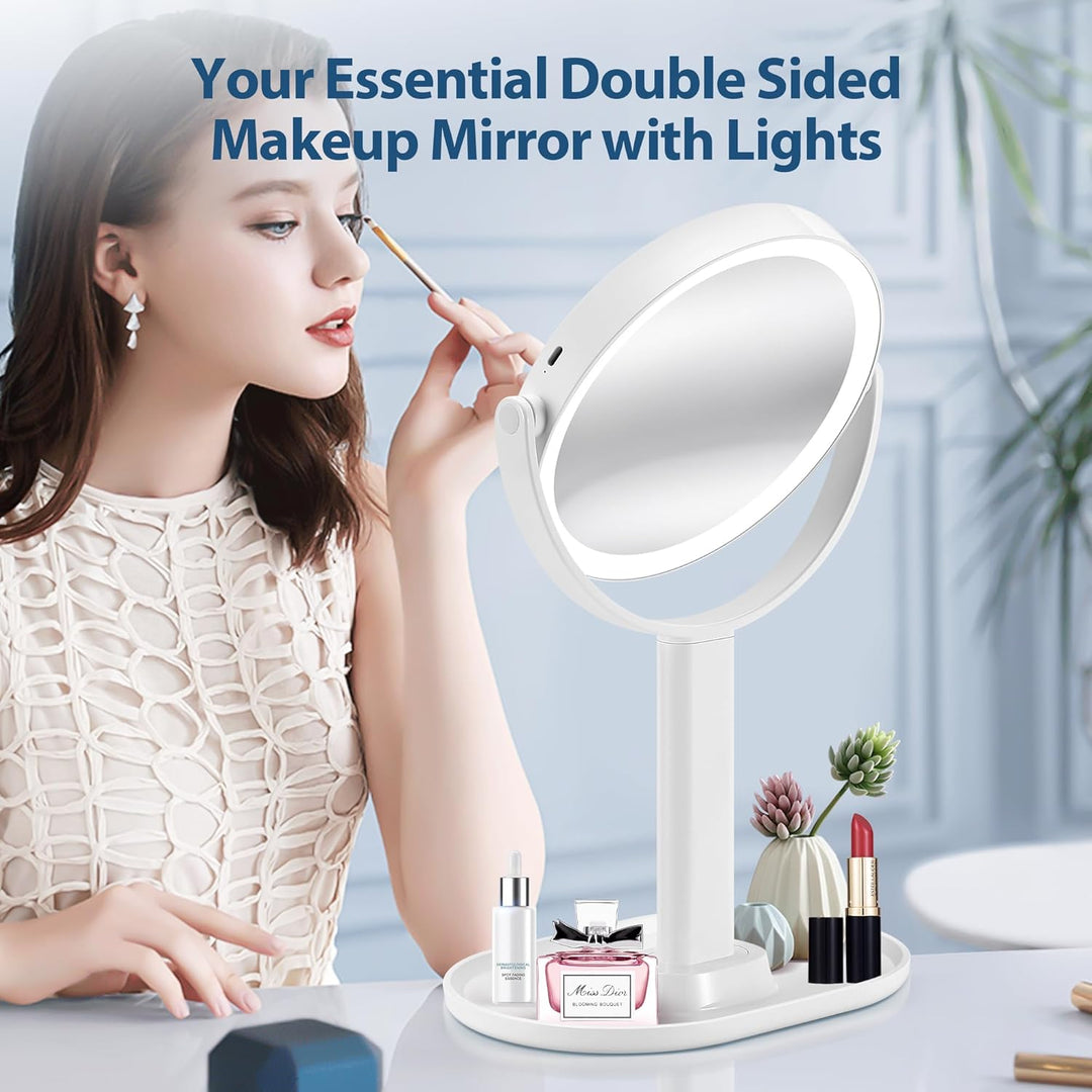 Rechargeable illuminated mirror, 20X magnification, clear view for detailed makeup and skincare routine.