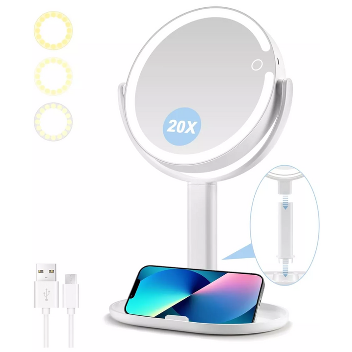 Compact illuminated makeup mirror, 20X magnification for precise details, ideal for daily beauty.