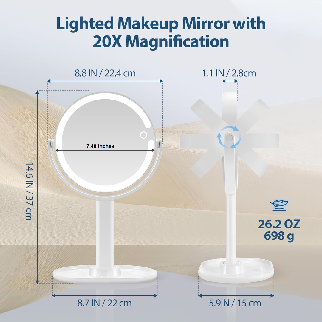 High-magnification 20X illuminated mirror for women, perfect for detailed makeup, tweezing & skincare.